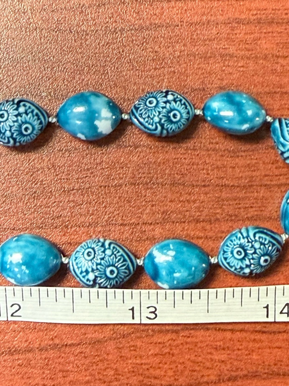 Blue Floral Ceramic Textured Bead 28” Necklace